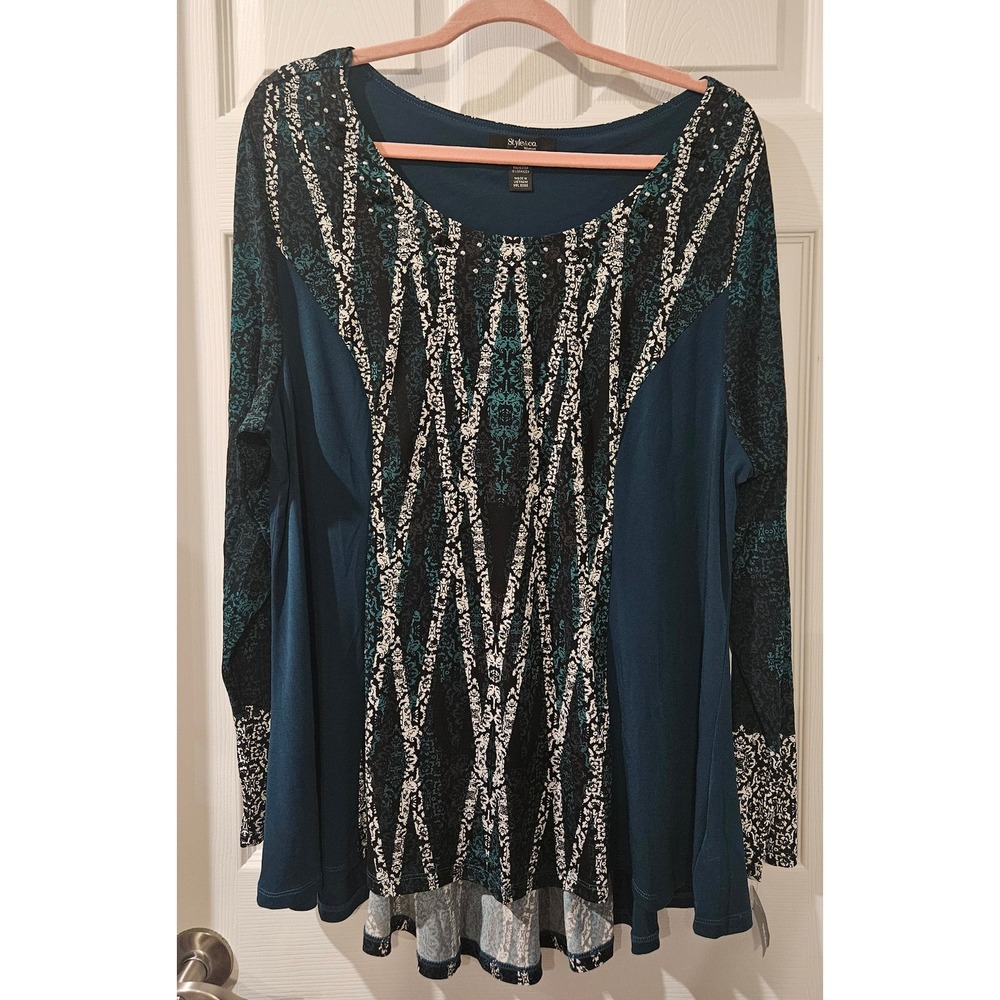 Style & Co Tunic Top 2X Teal Black White Print Beaded Neckline Long Sleeve NWT